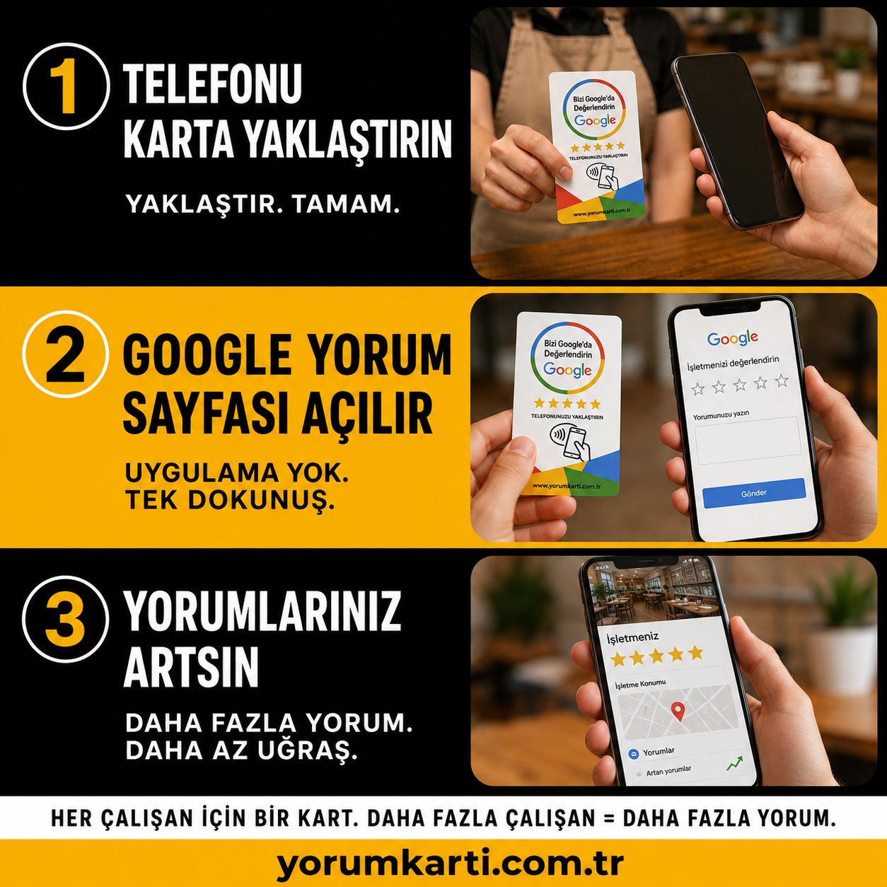 Google Yorum Kartı kullanım adımları: telefonu yaklaştırın, Google yorum sayfası açılır, yorumlarınız artsın