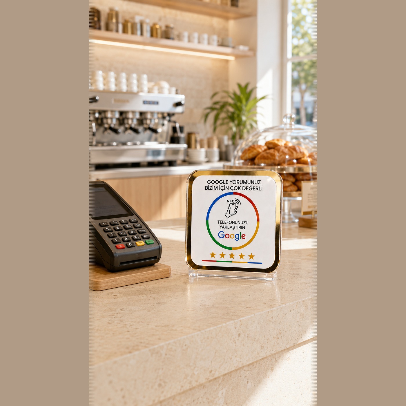 Google Yorum Standı kafe tezgahında, kahve makinesi ve pastalarla birlikte